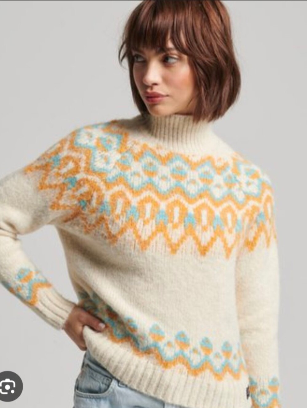 Superdry Slouchy Fair Isle Knit Turtleneck Sweater US Size 8 Ivory & Orange